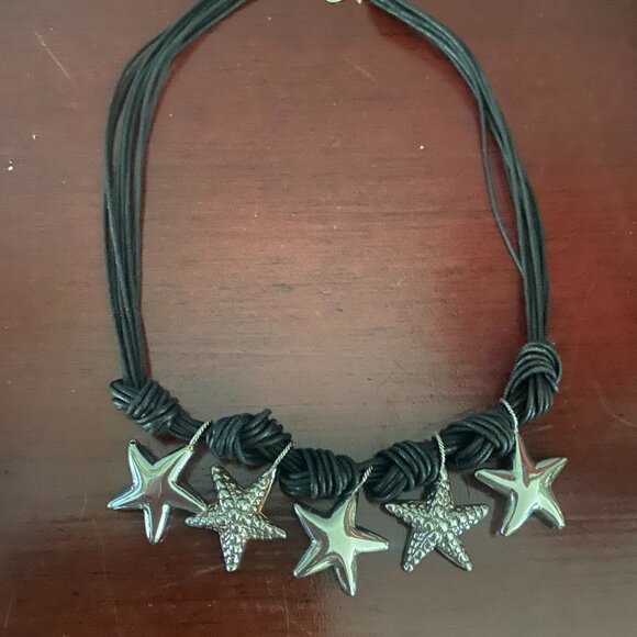 DYADEMA 925 Sterling Italy STARFISH Puffy Star Black Cord Collar 17.5" Necklace - Picture 1 of 5